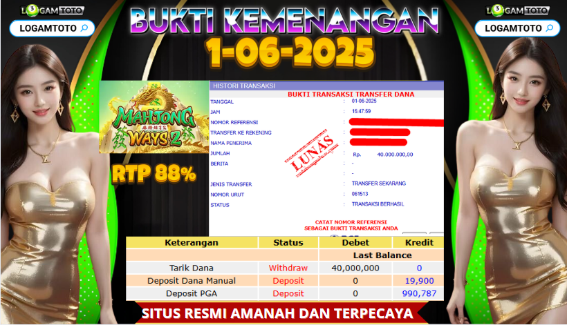 SELAMAT KEPADA MEMBER SETIA LOGAMTOTO BERHASIL JACKPOT DI PERMAINAN SLOT MAHJONG WAYS 2